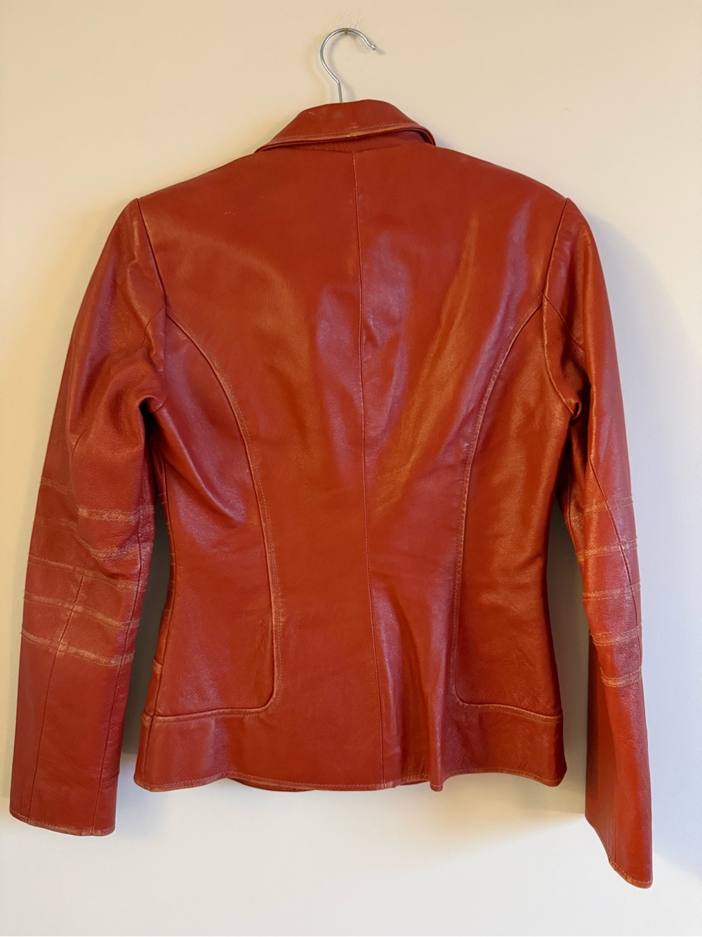 Vintage Y2K Rust Orange Leather Fitted Blazer Moto Jacket Size 6 - Picture 11 of 14